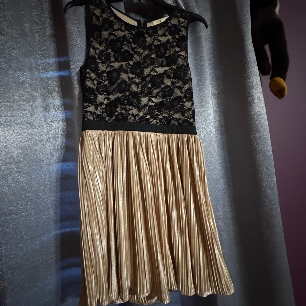 Rewind Black Lace Top Gold Pleated Party Dress